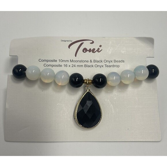 Toni Composite 10mm Moonstone & Black Onyx Beaded Bracket W/Teardrop Pendant New - Picture 1 of 7